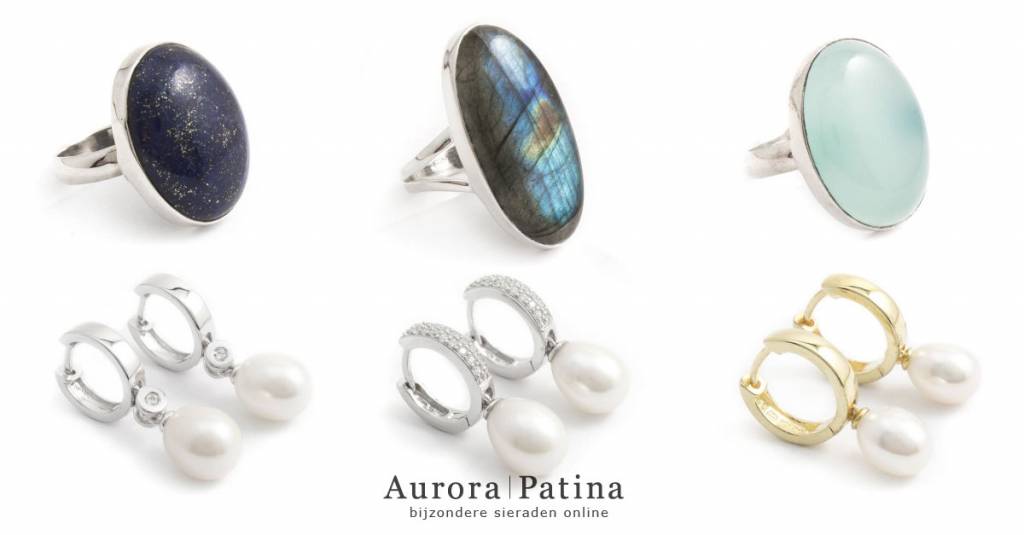 Nieuwe parel oorbellen en edelsteen ringen